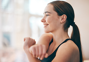 Image showing Stretching arms, happy and woman ready for fitness, training and exercise for morning energy. Freedom, gym and girl smiling for a warm up before a workout, sports or thinking of motivation for cardio