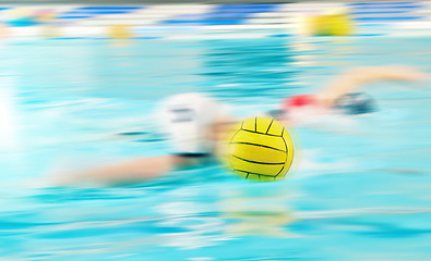 Image showing Water polo, speed and athlete in swimming pool training, exercise and fitness game in motion blurred background. Fast professional swimmer person with ball in competition, challenge stroke or action