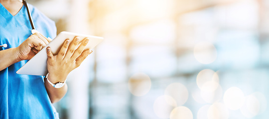 Image showing Woman, doctor and tablet on banner, mockup space and bokeh background. Hands of healthcare worker, digital technology and planning medical innovation, telehealth app and online consulting management