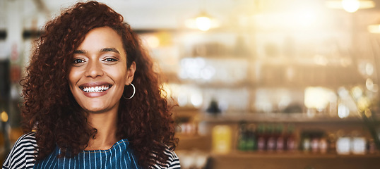 Image showing Portrait, business owner and black woman with startup cafe, retail management vision and restaurant sale happiness. Young entrepreneur, barista or waitress with smile for career in service excellence