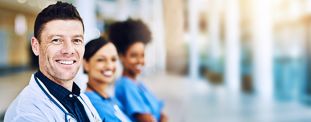 Image showing Healthcare, portrait of doctor and nurse team, confident to help with leadership and motivation in hospital or clinic. Diversity, teamwork and man with women medical workers standing together blurred