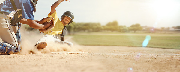 Image showing Banner, running and man playing baseball for fitness, training and competition in a park in USA. Runner, sports and player with cardio, exercise and game of action sport for a team in nature