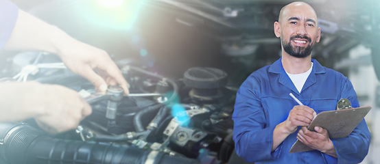 Image showing Banner, engine and portrait of a mechanic with notes for auto service, car building and maintenance. Happy, smile and engineer writing paperwork for transportation repairs at a garage workshop