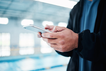 Image showing Hands, man and smartphone for texting by swimming pool for communication, social media or contact on web. Aquatic sports athlete, phone and typing on screen with mobile app, website and internet chat