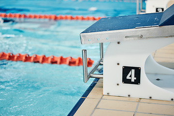 Image showing Sports, swimming pool and number on diving board for training, exercise and workout for triathlon competition. Fitness, motivation and four on professional podium for dive, marathon start and race