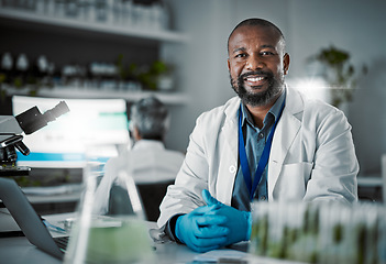 Image showing Scientist black man, portrait and lab with smile for research, plants and vision with innovation with senior woman. African science expert, happy and motivation at desk with pride, goals and mission