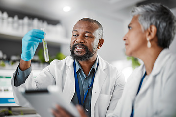 Image showing Laboratory scientist, teamwork or test tube of leaf sample in medical research collaboration, food engineering or sustainability. Talking people, glass or plants science container in innovation ideas