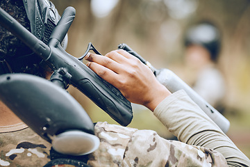 Image showing Man in paintball game, gun in hand and sports, fitness and battlefield challenge, war and soldier outdoor. Extreme sport, exercise with shooting range and military mission and training in camouflage