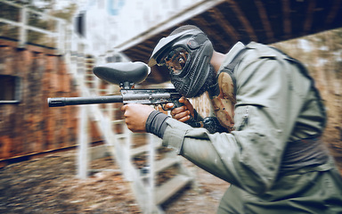 Image showing Paintball, black man and games, gun and target, sport with fitness and battlefield challenge, war soldier outdoor. Motion blur, extreme sports and exercise, shooting range and military mission