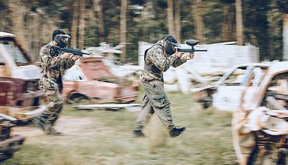 Image showing Paintball, team running and soldier group energy for military, army and field game training. Exercise, fitness and target shooting of a battlefield players in a sports event outdoor with focus