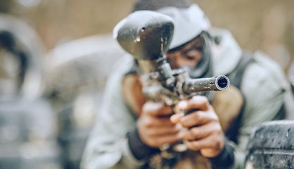 Image showing Paintball gun zoom, target and sports outdoor with black man and fitness, battlefield challenge and war with soldier. Mockup space, extreme sport and exercise, shooting range and military mission