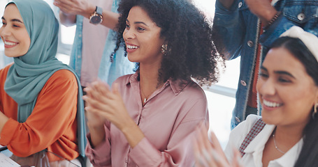 Image showing Business people, women and applause for celebration, partnership and collaboration in modern office. Females, girls and clapping for corporate deal, company success and team achievement for target.