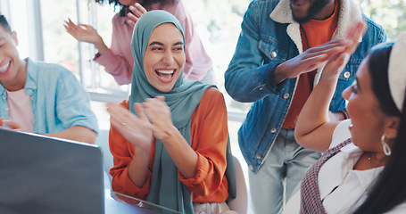 Image showing Business, team and applause for celebration, corporate deal and sales growth in office. Teamwork, staff clapping and group project for company, advertising campaign success and target achievement.