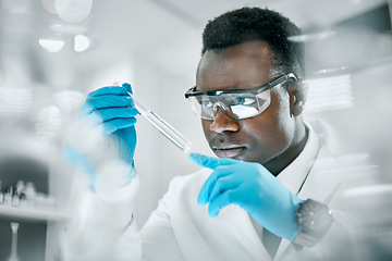 Image showing Doctor, test tube or black man in science laboratory on DNA research, medical and medicine data analysis. Covid, healthcare doctor or nurse for health, cancer innovation or virus test study in clinic