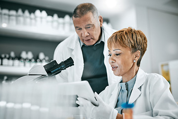 Image showing Doctor, teamwork or scientist people with tablet in science lab for DNA research, medical or medicine data analysis. Thinking, healthcare idea or nurse for health, cancer innovation or virus study