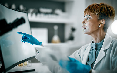 Image showing Doctor, research or black woman on computer for analytics in science lab for DNA research, medical or medicine data analysis. Scientist, healthcare or nurse on health, innovation or covid virus study