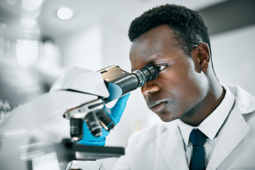 Image showing Doctor, microscope or black man in science laboratory for DNA research, medical and medicine data analysis. Happy, healthcare teamwork or nurse for healthcare, cancer innovation or virus test study