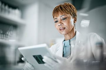 Image showing Science, laboratory and black woman with tablet for research, medical analysis and experiment results. Medicine, healthcare and scientist with digital tech for data analysis, lab study and innovation