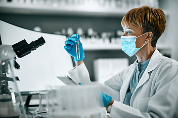 Image showing Test tube, doctor or senior woman on tablet for vaccine in lab for research, study or innovation medical DNA test. Healthcare science or elderly scientist on analysis or medicine wellness in hospital