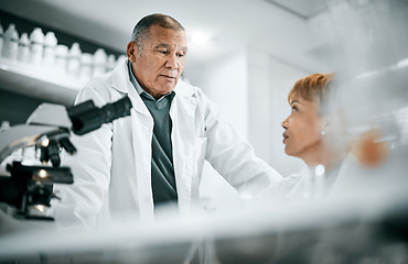 Image showing Doctors, covid or scientist people in science laboratory for DNA research, medical or medicine data analysis. Elderly healthcare teamwork or nurse for health, cancer innovation or virus test study