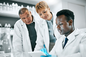 Image showing Doctor, research or scientist people with tablet in science lab for DNA search, medical or medicine data analysis. Happy, health teamwork or nurse on healthcare, cancer innovation or virus test study
