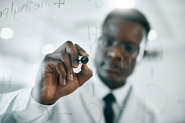 Image showing Science research, planning and black man scientist writing on glass board, strategy working in lab for future technology and innovation. Lab worker, doctor and employee thinking of futuristic idea