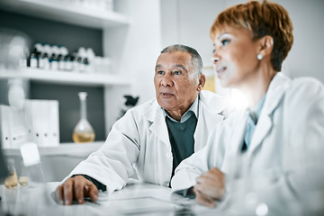 Image showing Doctors, senior people or scientist in science laboratory for DNA research, medical and medicine data analysis. Search, healthcare teamwork or nurse for health, cancer innovation or virus test study