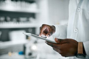 Image showing Science, research and hands of scientist with tablet for analytics, medical report and test result. Pharmaceutical, healthcare and black man typing on digital tech for data, analysis and prescription