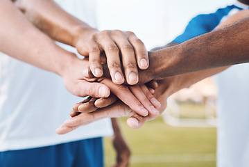 Image showing Teamwork, sports and stack of hands for soccer for support, motivation and community on field. Collaboration, team building and group of players ready for game success, training and match celebration