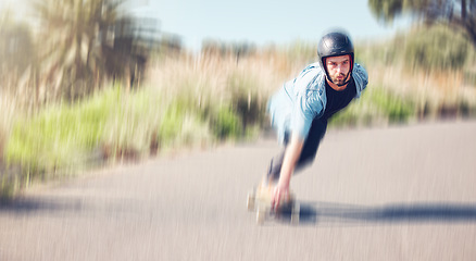 Image showing Motion blur, skater and mockup with a sports man moving outdoor on an asphalt street at speed. Skateboard, fast and mock up with a male skating on a road for fun, freedom or training outside