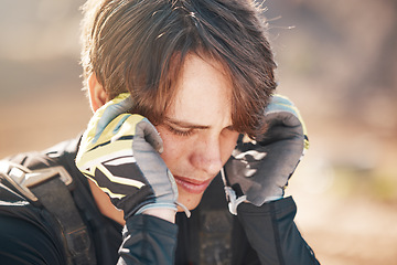 Image showing Headache, thinking and man in nature for cycling, motorcycle stress and sad about fail. Depression, mental health and biker with a migraine after training for sports with competition fear in France