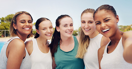 Image showing Women, friends group and fitness with selfie outdoor, young tennis athlete and team in sports portrait on training court. Diversity, smile in picture and exercise with youth and sport wellness