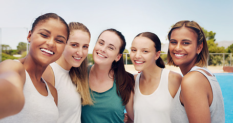 Image showing Women in selfie, friends and fitness in portrait outdoor, tennis athlete and team together, sports group on training court. Diversity, smile in picture and exercise with youth and sport wellness