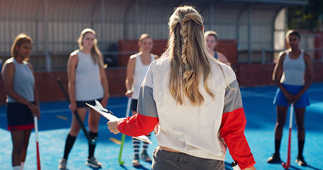 Image showing Instructions, sports and hockey team with coach for planning, game strategy and goals for female players on court. Fitness, training and woman coaching girls for match, practice and competition