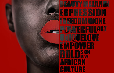 Image showing Message, empowerment and face of a black woman with words isolated on a red background in studio. Zoom, lips and half facial overlay of a girl with text, affirmations and opinion on a backdrop