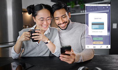 Image showing Credit card hologram, online shopping or couple with phone for bill payment, internet purchase or ecommerce in house table. Fintech, futuristic or Asian man and woman for banking, audit or investment