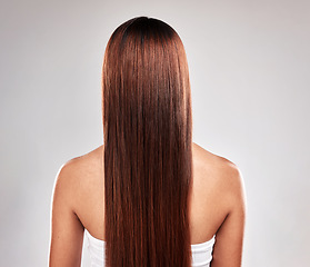 Image showing Salon hair and beauty of woman with texture health, shine and smooth keratin style of people. Self care, aesthetic or female with glow treatment of person back view at isolated studio gray background