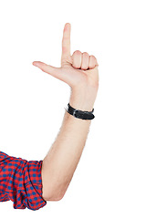 Image showing Hand, count and fingers pointing in a studio for direction, mathematics or timer solution. Count down, sign and male model with sign language or symbol hands number gesture by a white background.