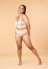 Image showing Woman, smile in portrait with underwear and body, positivity and beauty, fitness and skin isolated on studio background. Health, wellness and happy with nutrition, cellulite and dermatology mockup