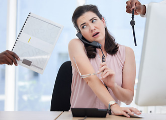 Image showing Phone call, documents and time with a multitasking woman in her office, feeling overwhelmed by business demands. Stress, overworked and agenda with a female employee having trouble with her schedule