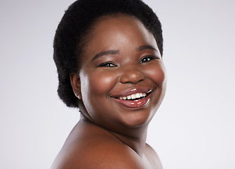 Image showing Black woman, portrait smile and skincare beauty with teeth, cosmetics or makeup against a gray studio background. Happy African American female smiling in satisfaction for self love, care or facial