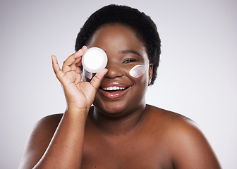 Image showing Portrait, black woman and cream for skincare, dermatology and cosmetics with girl on grey studio background. Face lotion, African American female and lady with beauty, creme and wellness on backdrop