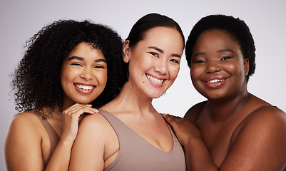 Image showing Portrait, diversity and women with skincare, smile and bonding together on grey studio background. Face, multiracial and females with cosmetics, support or solidarity with body positivity on backdrop