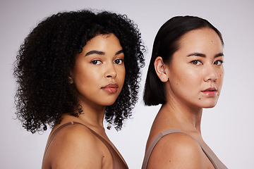 Image showing Women, face and diversity with portrait, skincare for different skin color and unique with beauty isolated on studio background. Natural cosmetics, glow and dermatology, inclusion and facial care