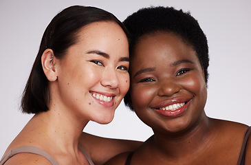 Image showing Beauty, portrait and diversity women isolated on a white background of skincare, cosmetics or self love. Asian model, black woman or international people face for makeup, dermatology and studio smile