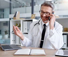 Image showing Networking, consulting and doctor planning on a phone call, healthcare contact and smile for results. Happy, medicine and clinic employee talking on a mobile for medical discussion and ideas