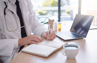 Image showing Writing notes, healthcare and doctor hands for medicine research, telehealth service planning and office management. Schedule, planner and notebook of medical professional or person for career goals