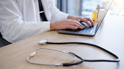 Image showing Closeup, hands and doctor typing, stethoscope and telehealth in office, update data and connection for communication. Healthcare, zoom and man with digital planning, online schedule and research