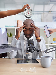 Image showing Work chaos, headache and multitasking management of a podcast worker with anxiety. Stress, tired and corporate burnout in a office with a radio presenter feeling fatigue from technology and job