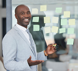 Image showing Black man, working portrait and board writing for corporate law schedule with happiness. Lawyer, company strategy and sticky notes of a law firm worker in a office or conference room feeling happy